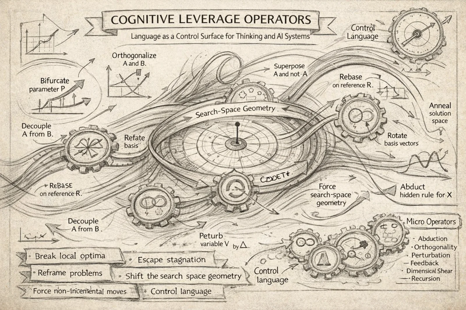 Hand-drawn map of cognitive leverage operators and the transformations they apply to a problem's search space
