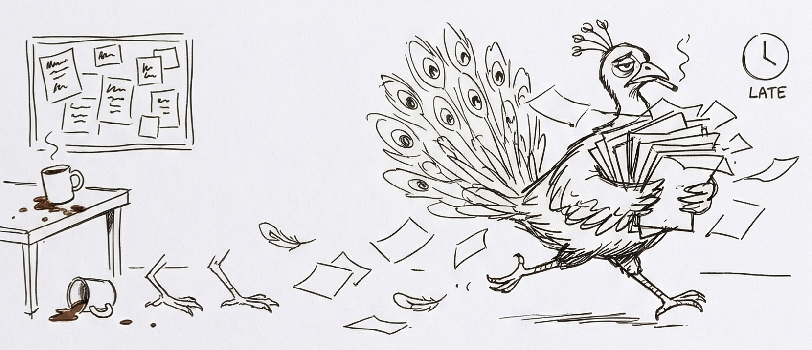 A napkin sketch of Jarvis the Peacock rushing through an office with papers flying